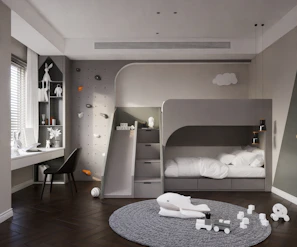 A bunk bed crafted with smooth finishes and safety rails, perfect for a stylish and functional kids' room.