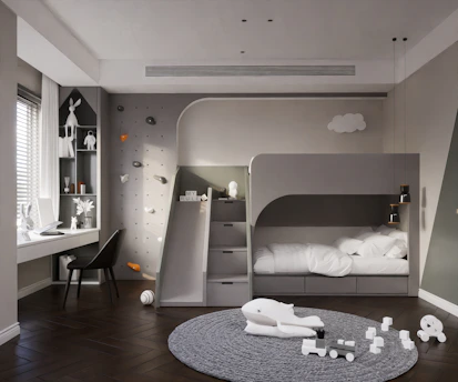 A modern children's bedroom with asymmetrical shelves, pastel sand walls, and playful decor elements.