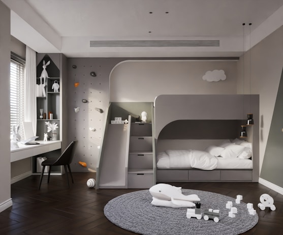 A vibrant children's room with a fun bunk bed setup.