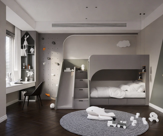 A cozy child's bedroom featuring a height-adjustable bed rail securely installed.