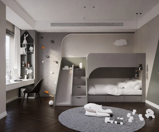 A modern bunk bed setup in a bright kids' room with playful decor.