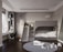 A modern children's bedroom featuring a sleek gray bunk bed with a built-in slide. The room includes a climbing wall with colorful holds and a study area with a desk by the window. Decor includes white toys, a playful whale figure on a textured gray carpet, and several decorative elements on shelves. Soft lighting and a minimalist design create a warm and inviting atmosphere.