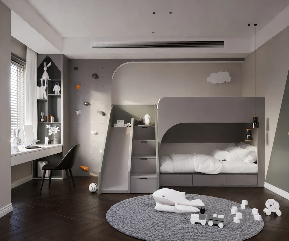 Renovated children's bedroom with built-in mezzanine sleep nook and custom storage wall