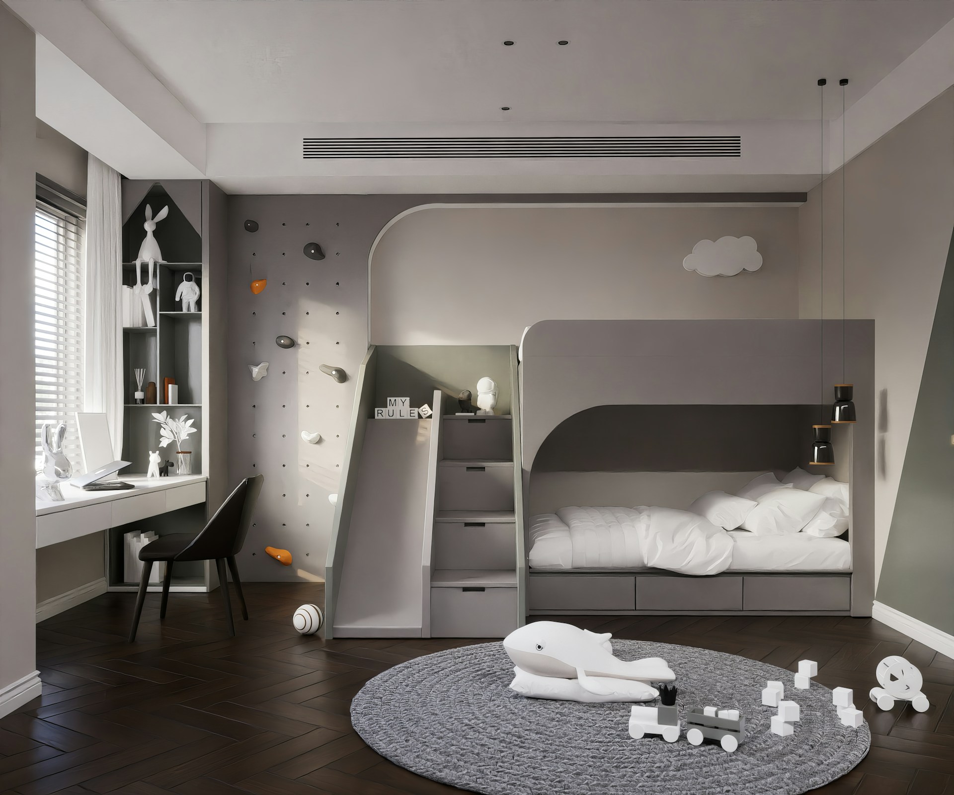 Bright and airy children's room featuring smart storage solutions and gentle color palette, designed for comfort and functionality.