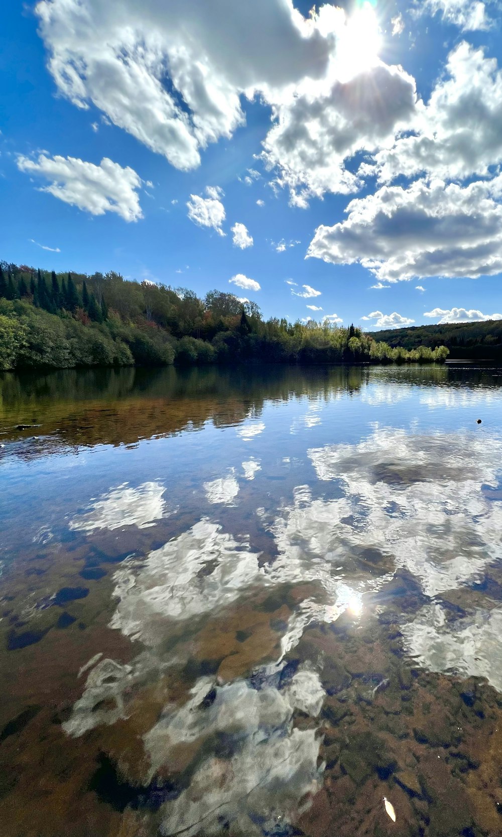 a body of water surrounded by trees and clouds