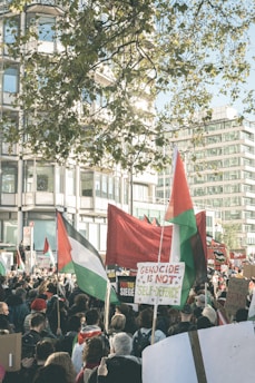 A large group of people gathered in an urban setting, holding flags and signs. The protest appears to address political or social issues, with prominent signs and flags indicating a message against genocide and calls for action. Light filters through the trees as the buildings stand tall in the background.
