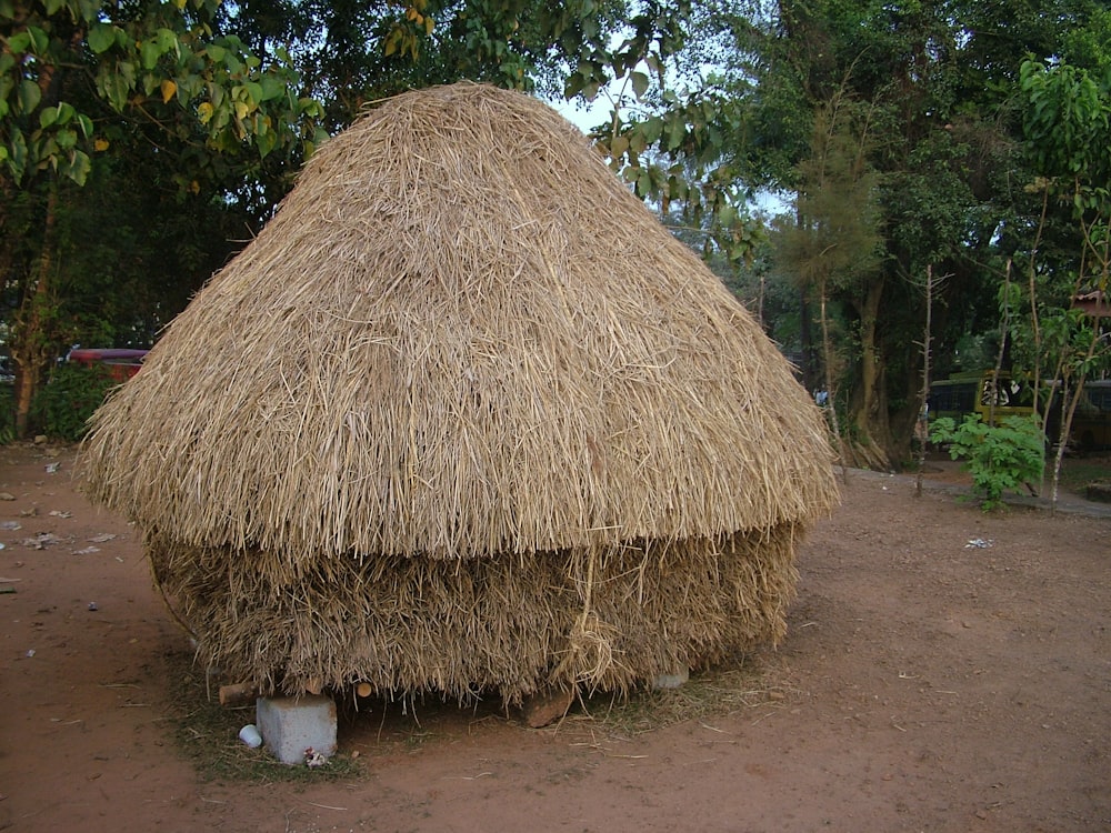 a thatched roof structure in the middle of a dirt field