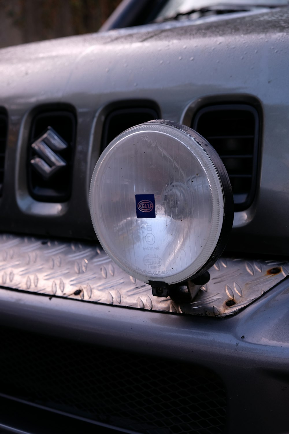 a close up of a light on the hood of a car