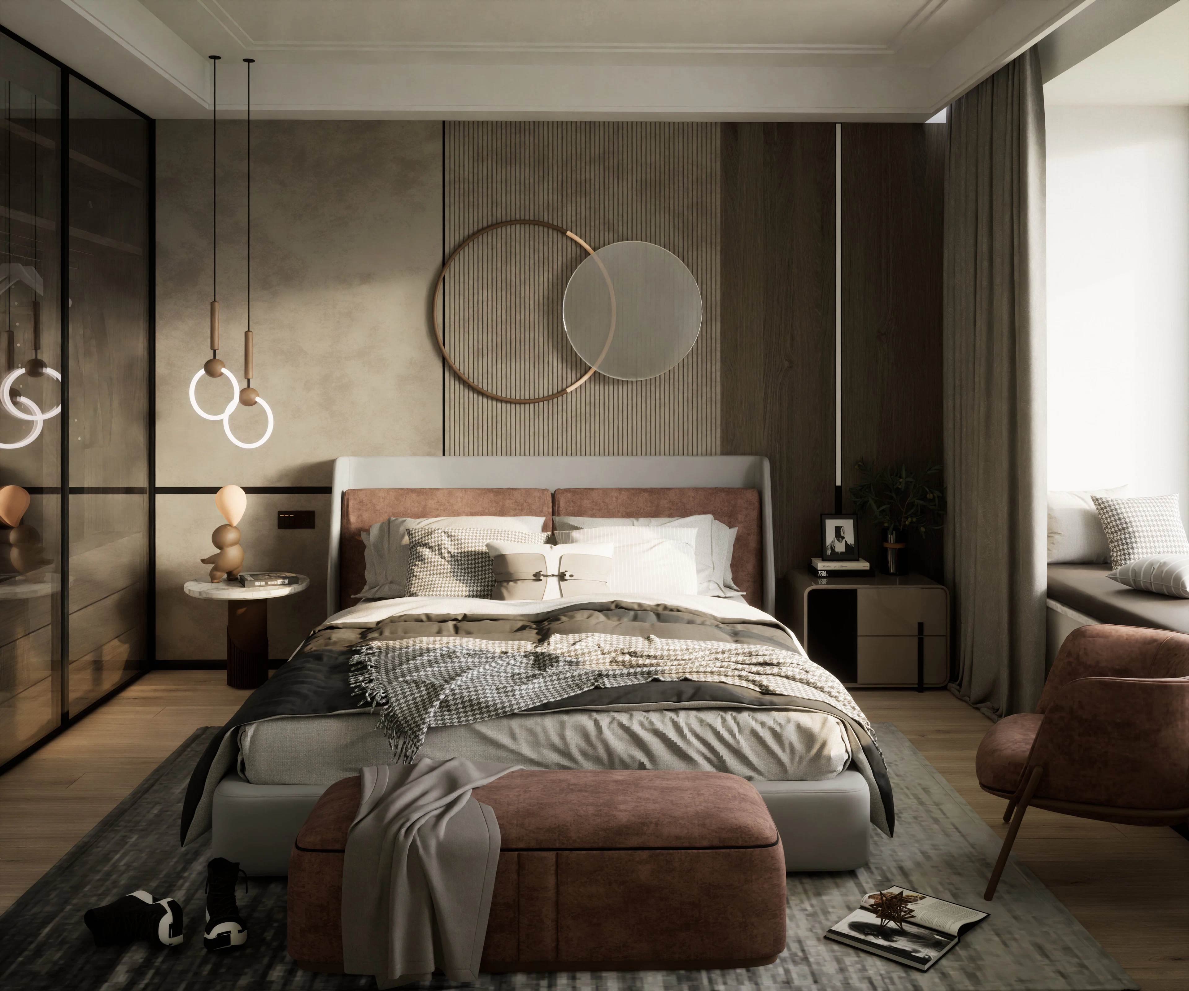A moody bedroom with a low bed, layered bedding and hanging bedside lights