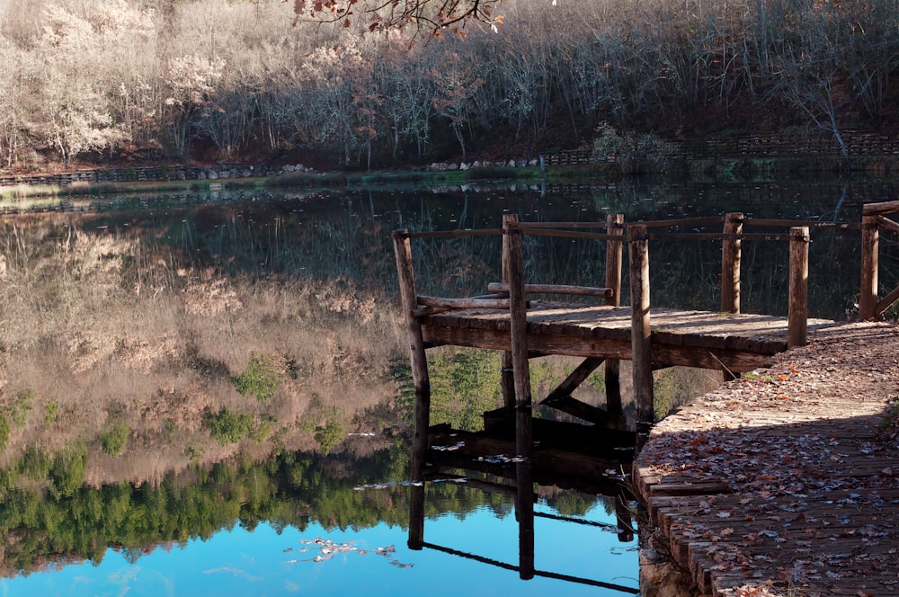 un molo di legno seduto accanto a uno specchio d'acqua