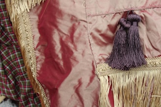 A close-up view of a fringed textile with intricate gold embroidery and braided tassels. The fabric is deep red, with hints of silky sheen, alongside a patterned fabric in shades of green and red.