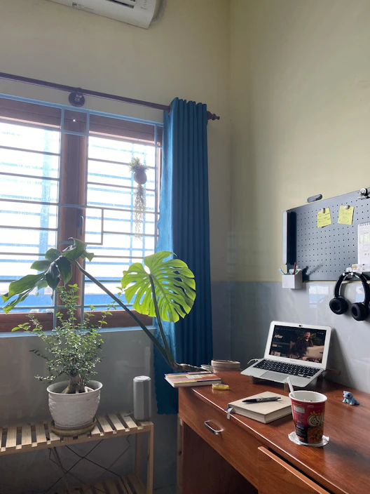 A cozy home office setup with a laptop, coffee cup, and plants on the desk