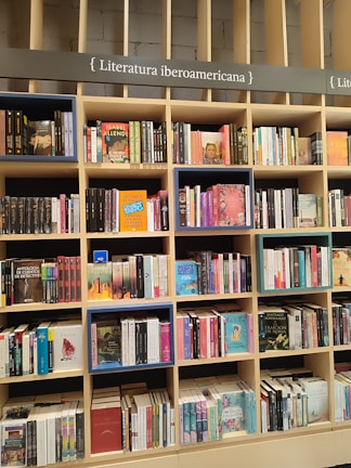 A bookshelf filled with a variety of books categorized under Ibero-American literature. The shelves are organized with books displayed upright and stacked, showcasing colorful covers and titles. The structure is wooden with sections divided by horizontal and vertical beams.