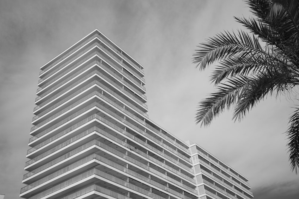 uma foto em preto e branco de um prédio alto