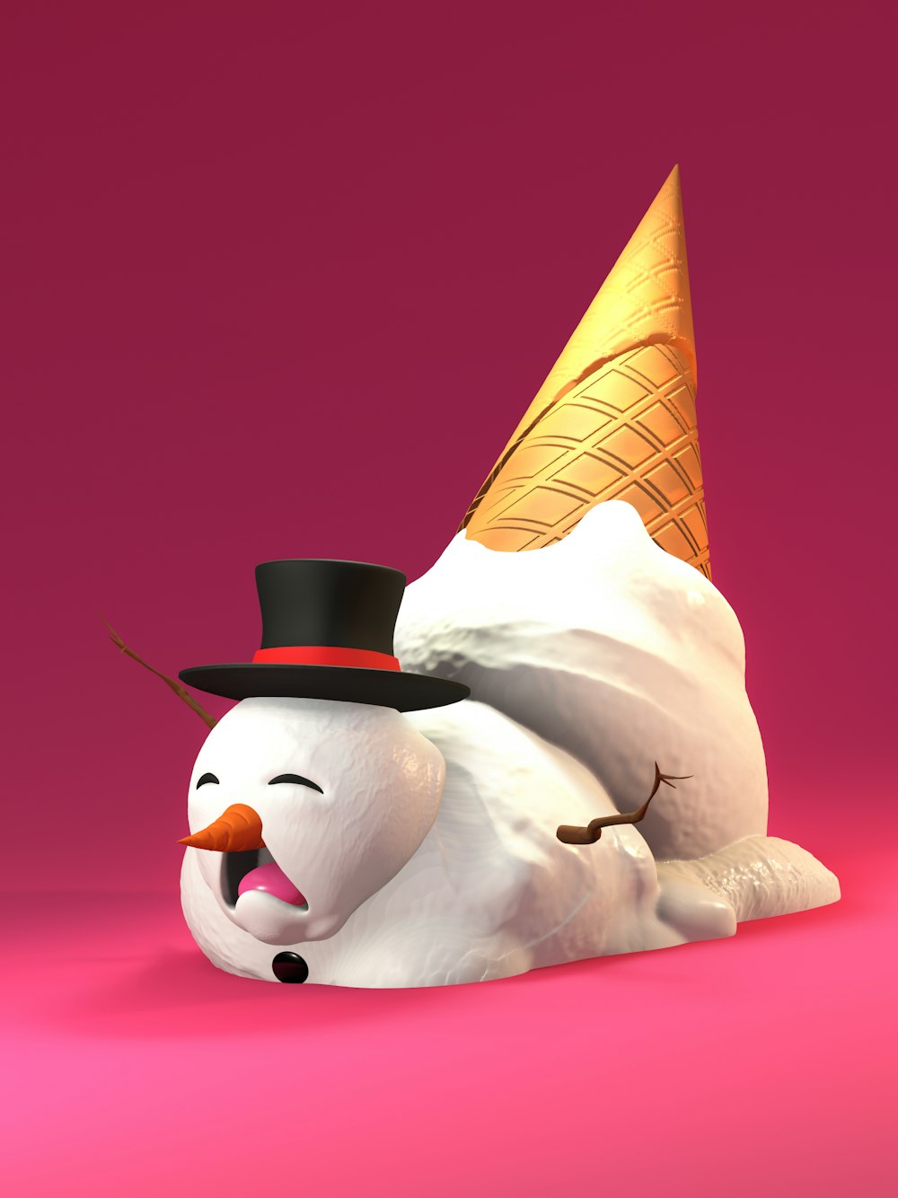 a snowman laying down with an ice cream cone on his head