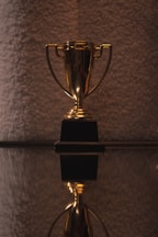 A close-up shot of a polished trophy resting on a wooden desk, symbolizing achievement.