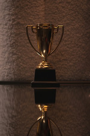 A shiny golden trophy with two handles resting on a black base is prominently displayed. The surface beneath provides a reflective view, adding depth to the composition. The background is textured and softly lit, offering a contrast to the gleaming trophy.