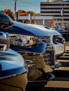 Multiple company cars lined up for annual inspection.