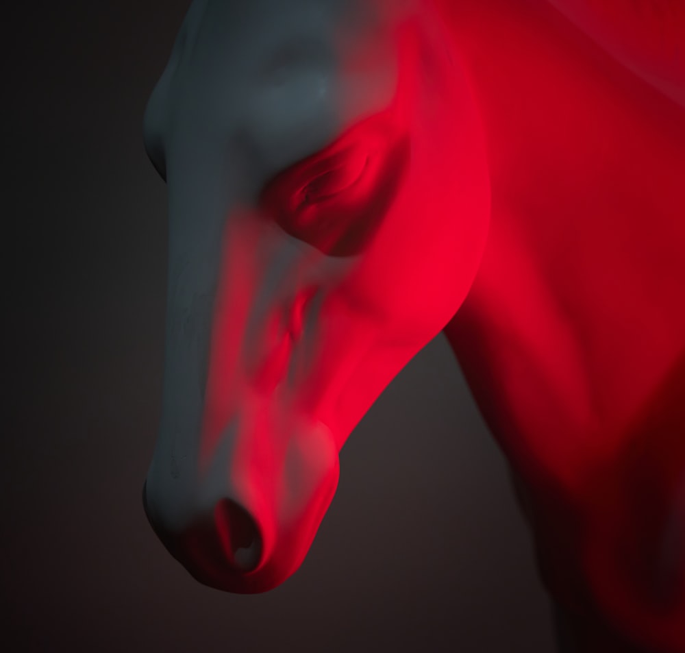 a red and white horse head with a black background