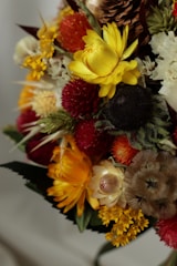 A vibrant arrangement of various flowers including yellow, red, orange, and white blossoms. Some flowers have a papery texture, suggesting they may be dried or preserved. The arrangement includes clusters of small yellow flowers, larger yellow blooms, and dark brown cone-like elements possibly resembling pine cones.