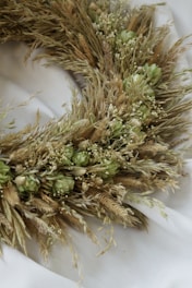 Close-up of a premium faux floral wreath showcasing intricate greenery and delicate textures.