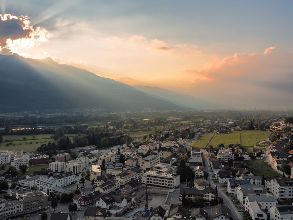 a view of a city with mountains in the background