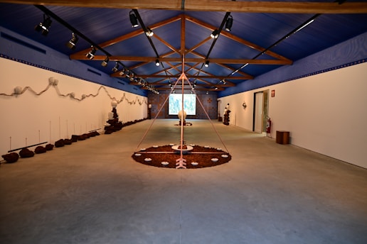 A spacious room with a high, blue ceiling featuring wooden beams. The walls are adorned with earthy installations and sculptures. The floor has circular art pieces with various natural elements. The ambient lighting is subtle, creating a calm and focused atmosphere. The room extends to a projection or screen at the far end.