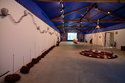 Wide shot of the Metaphysics exhibition space with abstract installations.