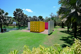 A vibrant contemporary art installation at Kids Biennale Indonesia capturing colorful creativity.