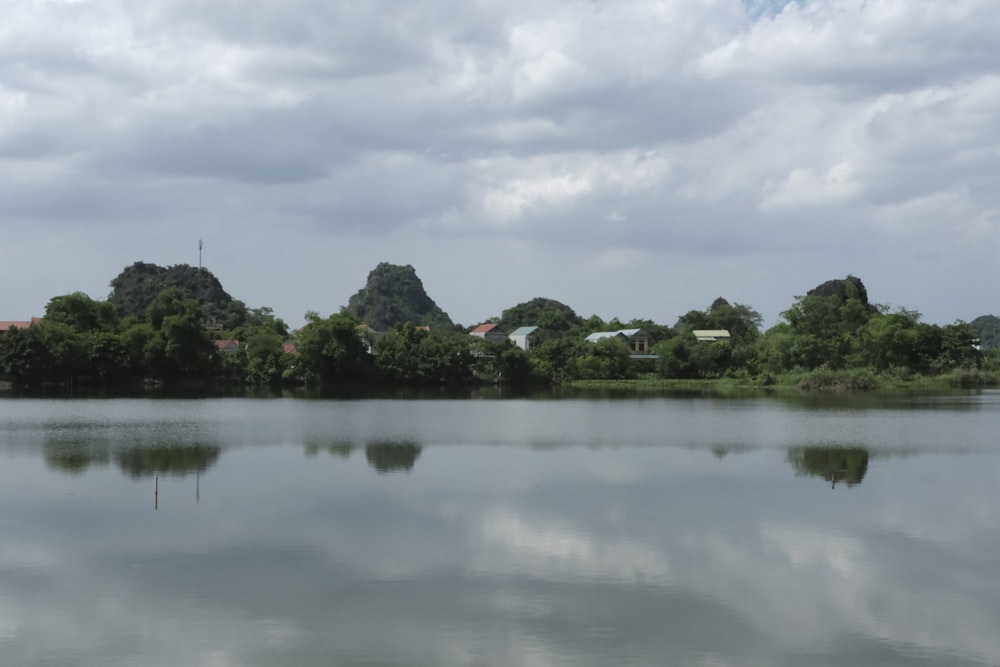 a large body of water surrounded by trees