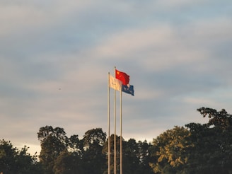 Three flags are raised on poles against a backdrop of a partly cloudy sky. The flags include the national flag of China, prominently red with yellow stars, and two other flags in white and blue. They are surrounded by the silhouette of lush green trees.