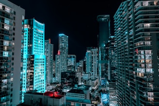 a view of a city at night from the top of a building