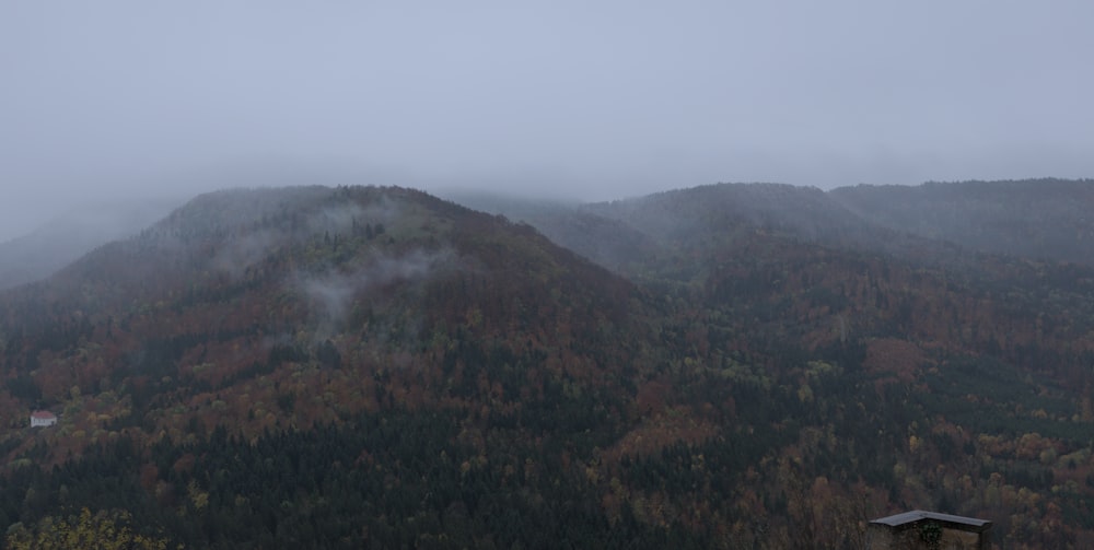 a foggy mountain with a small hut in the foreground