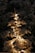A snow-covered evergreen tree is adorned with warm, glowing lights, creating a serene and festive ambiance against a dark background.