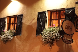 A warmly lit exterior wall with two windows, each adorned with a wooden shutter and flower boxes filled with white and pink flowers. Below one of the windows, a round sign displaying the words 'next DOOR' and 'BRASOV' is visible.