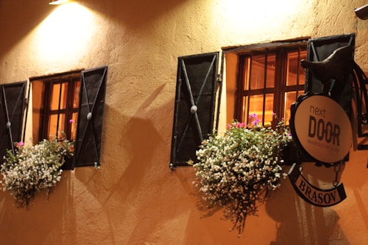 A warmly lit exterior wall with two windows, each adorned with a wooden shutter and flower boxes filled with white and pink flowers. Below one of the windows, a round sign displaying the words 'next DOOR' and 'BRASOV' is visible.