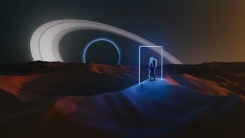 An astronaut stands on a barren, alien landscape with a futuristic, glowing portal in front of them. In the background, the massive rings of a gas giant planet dominate the sky, casting a surreal and otherworldly ambiance. The landscape is illuminated by a combination of warm and cool lighting, creating strong contrasts.