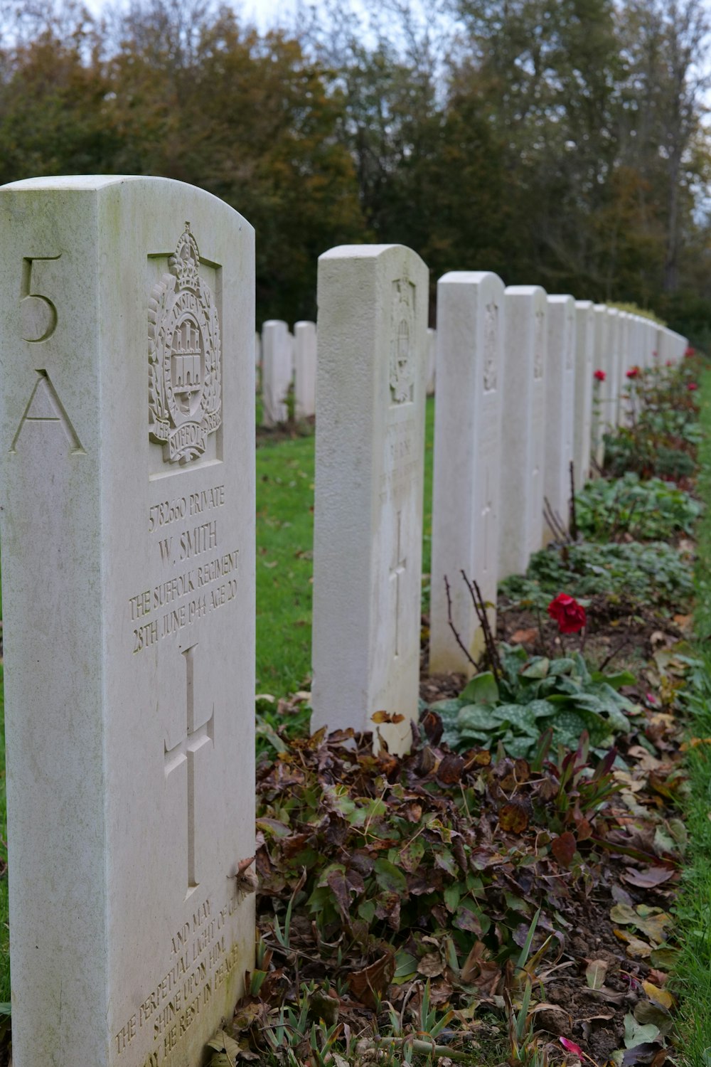 a row of headstones in a cemetery