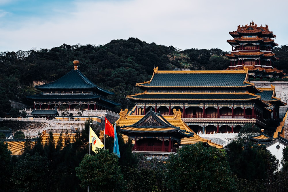 a tall building sitting on top of a lush green hillside