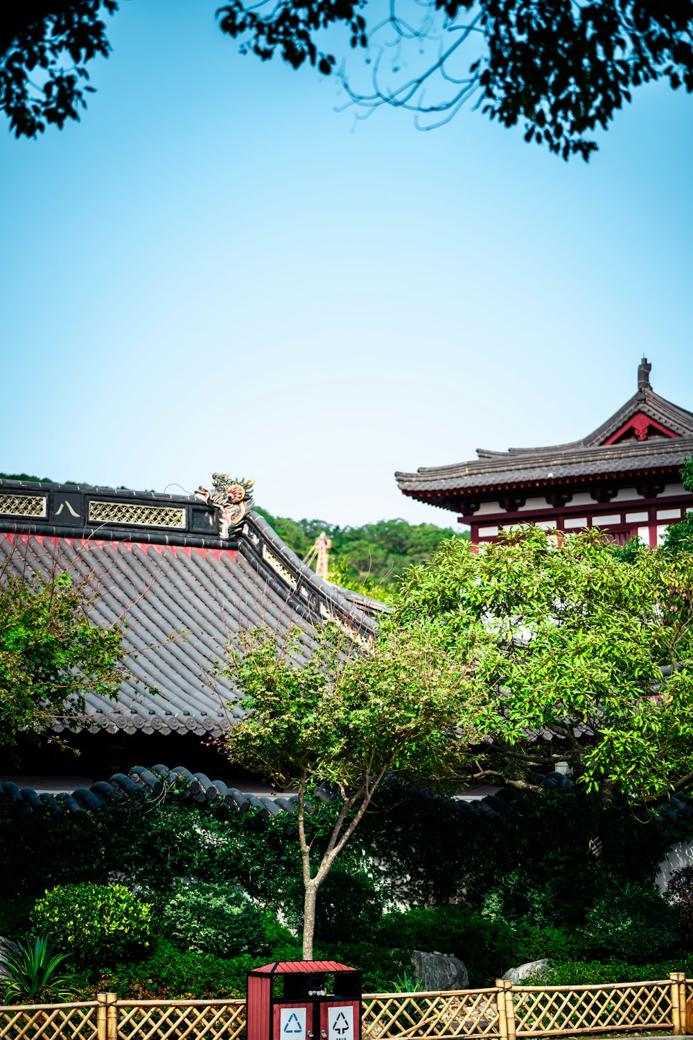 an oriental building with a tree in front of it