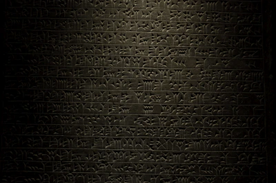 Close-up of an ancient clay tablet inscribed with cuneiform script, illuminated by warm orange light.
