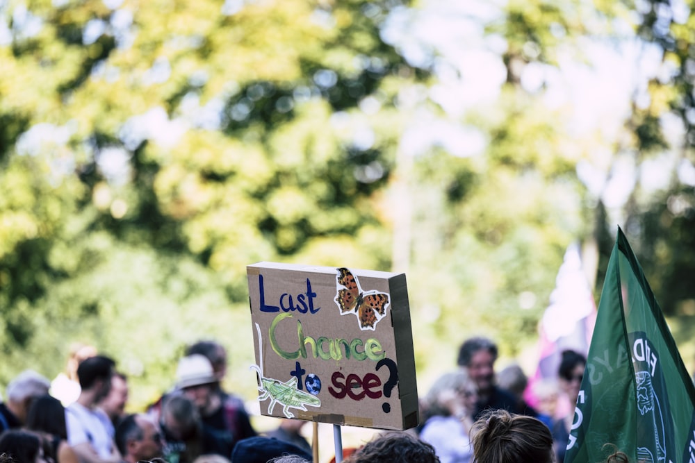 a group of people holding signs and flags