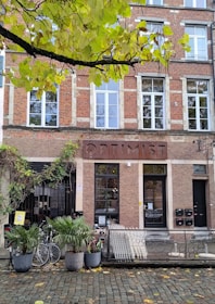 A brick building with large rectangular windows and a sign above the entrance displaying the word 'OPTIMIST'. In front of the building, there is a collection of potted plants, two parked bicycles, and a metal bicycle rack. The scene is shaded by green and yellow leaves from a tree overhead, and a cobblestone pavement runs along the front.
