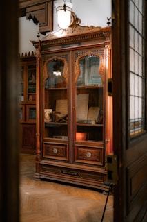 An intricately carved wooden cabinet is displayed with glass doors, housing various antique books and manuscripts. The cabinet is set against a warmly lit room with wooden floors and classical decor. A large, vintage light fixture hangs above the cabinet, casting a soft glow on the woodwork.