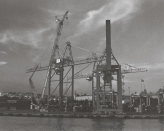 Cranes tower over a shipyard or dock area, with tall structures silhouetted against a cloudy sky. The scene is industrial, featuring large machinery and equipment used for loading and unloading ships. The waterfront is bordered by a quay where various smaller structures and a flagpole can be seen.