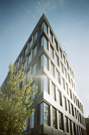 A modern, angular building with a sharp, triangular shape and a fa&ccedil;ade made of glass and metal. The sunlight reflects off the windows, creating a bright and contemporary appearance. A tree with green leaves is visible in the foreground, adding a touch of nature to the urban setting. The sky is clear and blue, enhancing the overall clarity and sharpness of the scene.