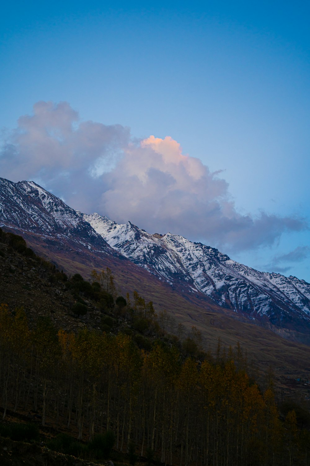 a snow covered mountain with a few clouds in the sky