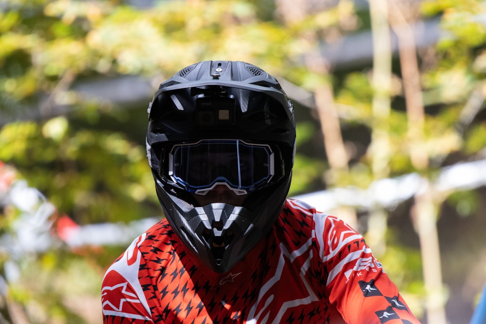 a close up of a person wearing a helmet and goggles