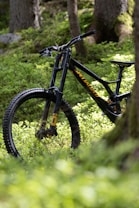A mountain bike with a sleek black frame and yellow accents is positioned among lush green foliage in a forest setting. Sunlight filters through the trees, casting dappled shadows on the ground, while tall tree trunks add a sense of depth and natural element to the scene.