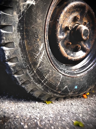 A close-up of a rugged, worn tire with visible treads and bolts on a metallic hub. The surface has signs of rust and wear, indicating age and use. The tire rests on a rough, textured road, adorned with scattered small leaves, both green and yellow, that add a slight contrast to the earthy tones.